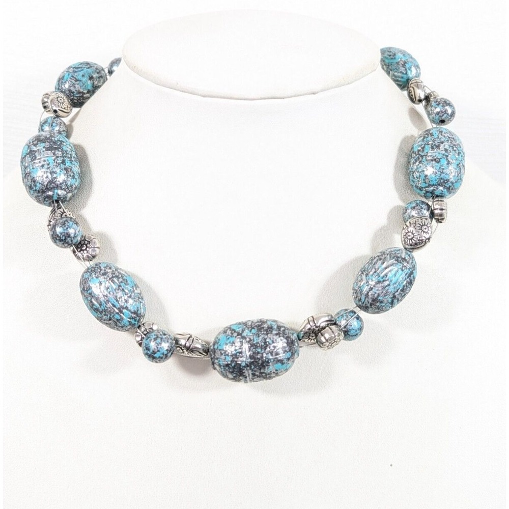 Retro Western Faux Patina Blue Silver tone Carved Style Bead Chunky Necklace 20"